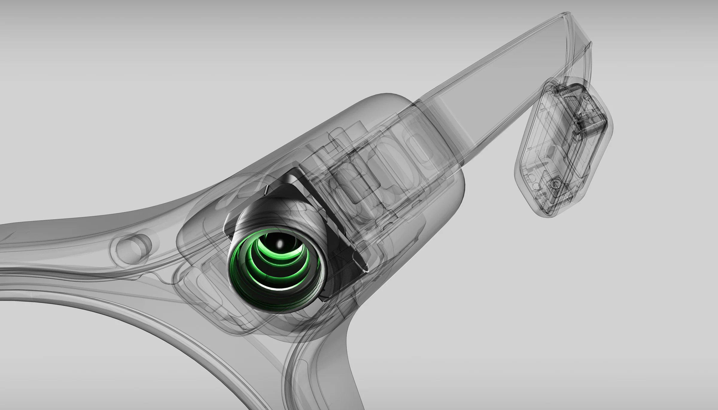 Dentro la Even G2: motore ottico nell’asta trasparente — immagine originale di Even Realities